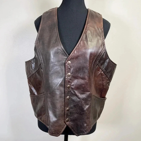 The Leather Ranch  Motorbike Western Button Brown Leather Vest - Picture 1 of 14